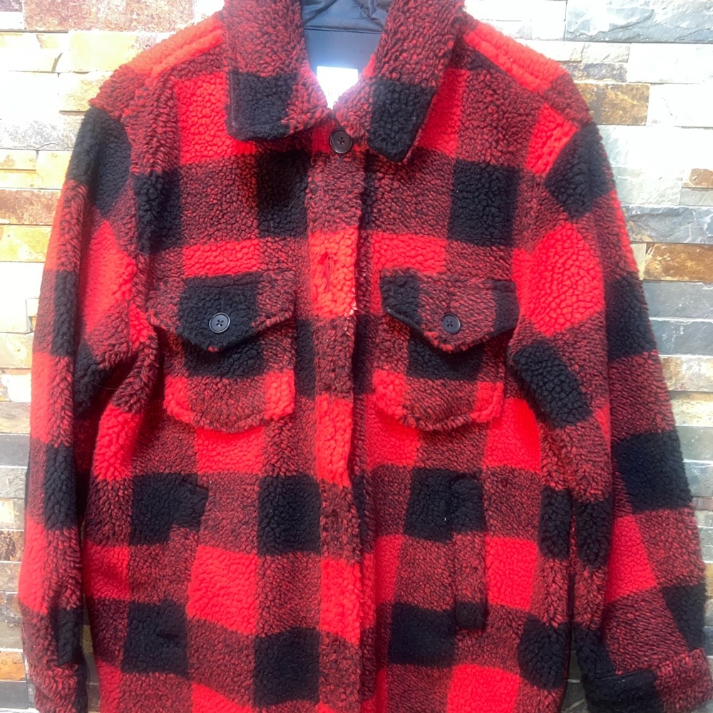 Gap Red and Black Plaid Sherpa Jacket NWOT sz Lg